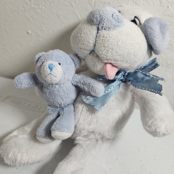 Petting Zoo White Puppy Dog with Sad Eyes Holding a Teddy Bear Plush Stuffed - Picture 7 of 8